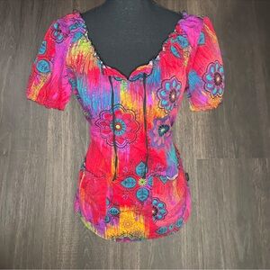 Peaches Rainbow Floral Boho Peasant Top Size S